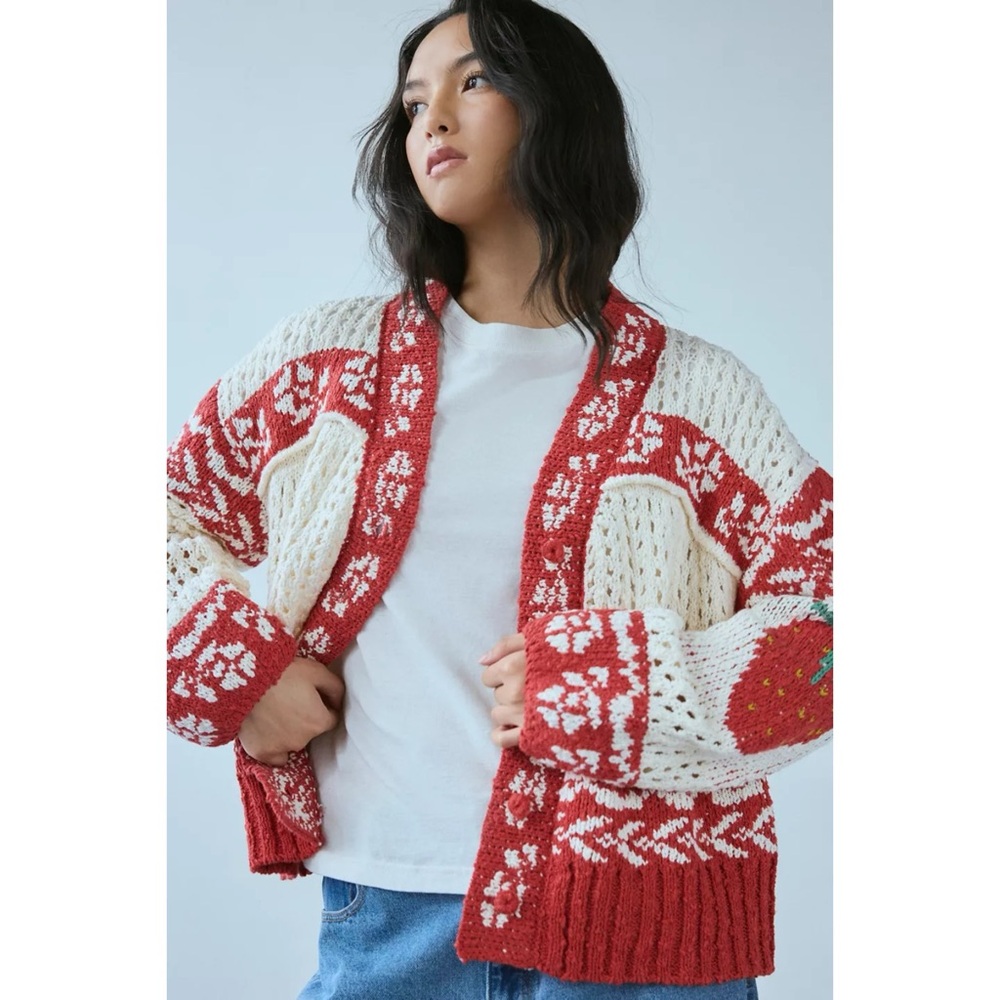POL Cream Red Fair Isle Button Front Sweater Cardigan Strawberry Elbow Knit - Picture 5 of 9